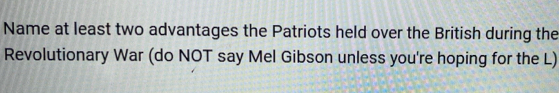 Name at least two advantages the Patriots held over the British during the 
Revolutionary War (do NOT say Mel Gibson unless you're hoping for the L)