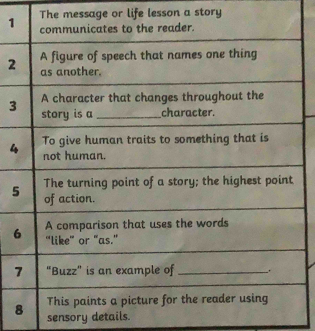 The message or life lesson a story 
1 
2 
3 
4 
5 
sensory details.