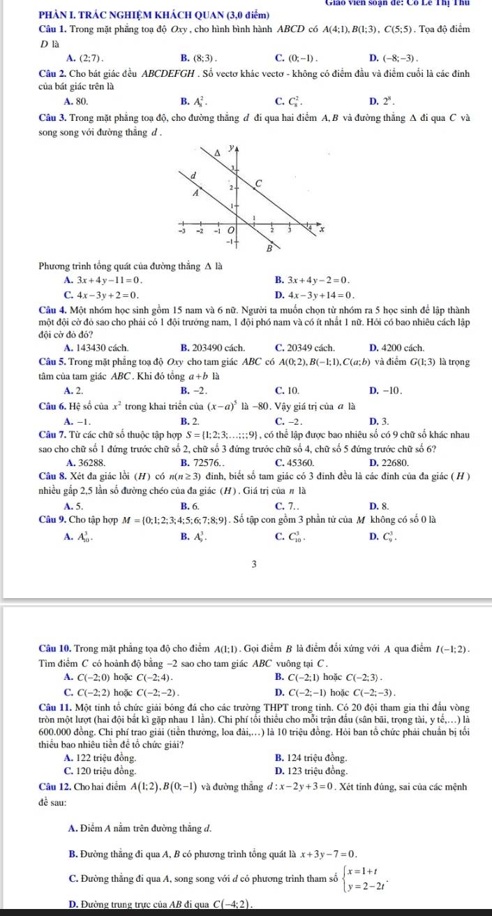 Lê Thị Thể
PHẢN I. TRÁC NGHIỆM KHÁCH QUAN (3,0 điểm)
Câu 1. Trong mặt phẳng toạ độ Oxy, cho hình bình hành ABCD có A(4;1),B(1;3),C(5;5). Tọa độ điểm
D là
A. (2;7). B. (8;3). C. (0;-1). D. (-8;-3).
Câu 2. Cho bát giác đều ABCDEFGH . Số vectơ khác vectơ - không có điểm đầu và điểm cuối là các đinh
của bất giác trên là
A. 80. B. A_8^(2. C. C_8^2. D. 2^8).
Câu 3. Trong mặt phẳng toạ độ, cho đường thẳng đ đi qua hai điểm A, B và đường thắng A đi qua C và
song song với đường thẳng d .
Phương trình tổng quát của đường thắng A là
A. 3x+4y-11=0. B. 3x+4y-2=0.
C. 4x-3y+2=0. D. 4x-3y+14=0.
Câu 4. Một nhóm học sinh gồm 15 nam và 6 nữ. Người ta muốn chọn từ nhóm ra 5 học sinh để lập thành
một đội cờ đỏ sao cho phải có 1 đội trưởng nam, 1 đội phó nam và có ít nhất 1 nữ. Hỏi có bao nhiêu cách lập
đội cờ đò đó?
A. 143430 cách. B. 203490 cách. C. 20349 cách. D. 4200 cách.
Câu 5. Trong mặt phẳng toạ độ Oxy cho tam giác ABC có A(0;2),B(-1;1),C(a;b) và điểm G(1;3) là trọng
tâm của tam giác ABC . Khi đó tổng a+b1
A. 2. B. -2. C. 10. D. -10 .
Câu 6. Hệ số của x^2 trong khai triển của (x-a)^5 L -80. Vậy giá trị của đ là
A. −1. B. 2. C. -2 . D. 3.
Câu 7. Từ các chữ số thuộc tập hợp S= 1;2;3;...;;9 , có thể lập được bao nhiêu số có 9 chữ số khác nhau
sao cho chữ số 1 đứng trước chữ số 2, chữ số 3 đứng trước chữ số 4, chữ số 5 đứng trước chữ số 6?
A. 36288. B. 72576. C. 45360. D. 22680.
Câu 8. Xét đa giác lồi (H) có n(n≥ 3) đinh, biết số tam giác có 3 đinh đều là các đinh của đa giác ( H )
nhiều gắp 2,5 lần số đường chéo của đa giác (H) . Giá trị của # là
A. 5. B. 6. C. 7. D. 8.
Câu 9. Cho tập hợp M= 0;1;2;3;4;5;6;7;8;9. Số tập con gồm 3 phần tử của M không có số 0 là
A. A_(10)^3. B. A_9^(3. C. C_(10)^3. D. C_9^3.
3
Câu 10. Trong mặt phẳng tọa độ cho điểm A(1;1). Gọi điểm B là điễm đổi xứng với A qua điểm I(-1;2).
Tim điểm C có hoành độ bằng −2 sao cho tam giác ABC vuông tại C .
A. C(-2;0) hoặc C(-2;4). B. C(-2;1) hoặc C(-2;3).
C. C(-2;2) hoặc C(-2;-2). D. C(-2;-1) hoặc C(-2;-3).
Câu 11. Một tinh tổ chức giải bóng đá cho các trường THPT T trong tỉnh. Có 20 đội tham gia thi đầu vòng
tròn một lượt (hai đội bất kì gặp nhau 1 lần). Chi phí tổi thiểu cho mỗi trận đấu (sân bãi, trọng tài, y tế,..) là
600.000 đồng. Chi phí trao giải (tiền thưởng, loa đài,.) là 10 triệu đồng. Hỏi ban tổ chức phải chuẩn bị tối
thiểu bao nhiêu tiền đề tổ chức giải?
A. 122 triệu đồng. B. 124 triệu đồng.
C. 120 triệu đồng. D. 123 triệu đồng.
Câu 12. Cho hai điểm A(1;2),B(0;-1) và đường thẳng d:x-2y+3=0. Xét tính đúng, sai của các mệnh
đề sau:
A. Điểm A nằm trên đường thắng d.
B. Đường thẳng đi qua A, B có phương trình tổng quát là x+3y-7=0.
C. Đường thẳng đi qua A, song song với đ có phương trình tham số beginarray)l x=1+t y=2-2tendarray. .
D. Đường trung trực của AB đi qua C(-4;2).