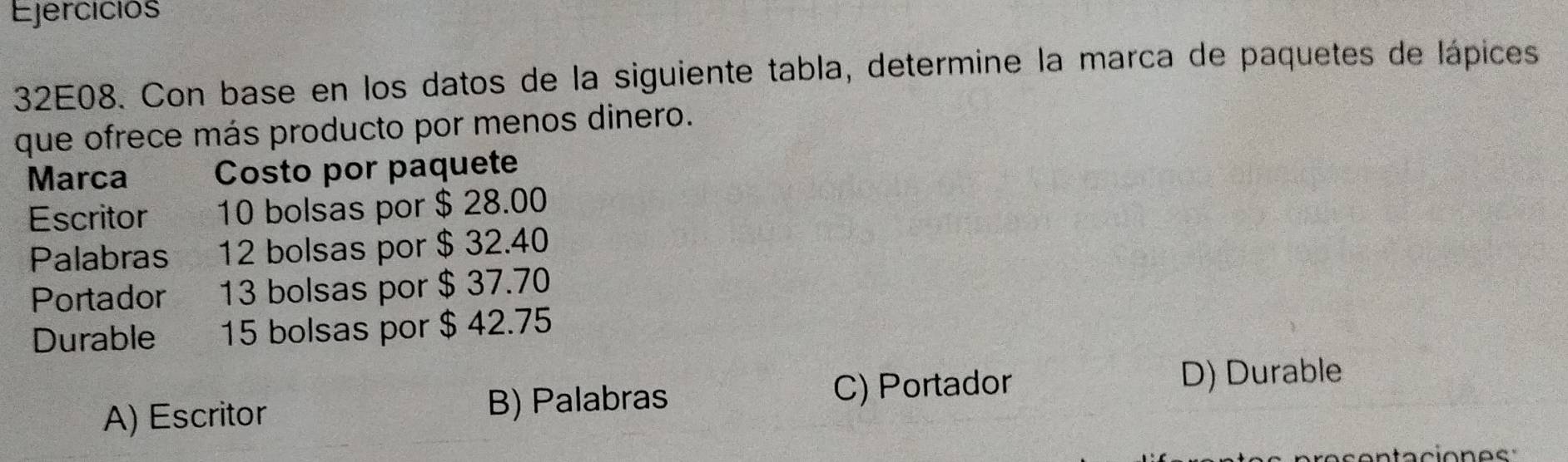 Ejercicios
32E08. Con base en los datos de la siguiente tabla, determine la marca de paquetes de lápices
que ofrece más producto por menos dinero.
Marca Costo por paquete
Escritor 10 bolsas por $ 28.00
Palabras 12 bolsas por $ 32.40
Portador 13 bolsas por $ 37.70
Durable 15 bolsas por $ 42.75
C) Portador D) Durable
A) Escritor B) Palabras
