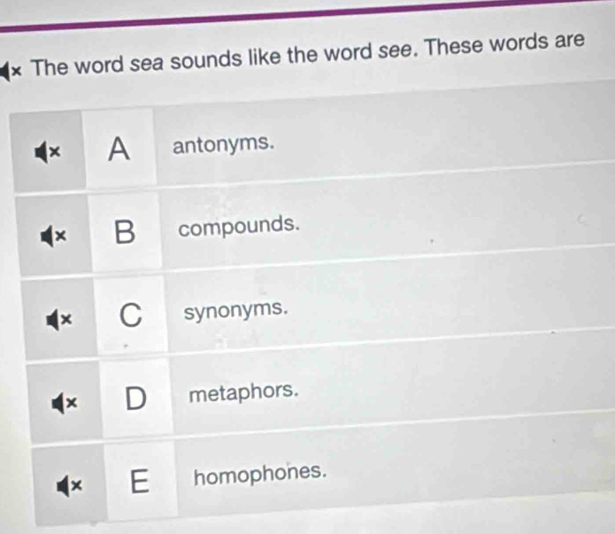 × The word sea sounds like the word see. These words are
× A antonyms.
B compounds.
× C synonyms.
× D metaphors.
× E homophones.