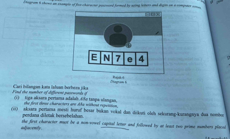 yì piàn 
Diagram 6 shows an example of five-character password formed by using letters and digits on a computer screes. 
Diagram 6 
Cari bilangan kata laluan berbeza jika 
Find the number of different passwords if 
(i) tiga aksara pertama adalah 48ª tanpa ulangan, 
the first three characters are A8a without repetition. 
(ii) aksara pertama mesti huruf besar bukan vokal dan diikuti oleh sekurang-kurangnya dua nomber 
perdana diletak bersebelahan. 
the first character must be a non-vowel capital letter and followed by at least two prime numbers placed 
adjacently.