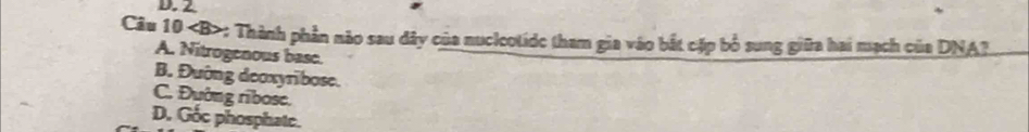 2
Câu 10 : Thành phần não sau đây của nuclcotide tham gia vào bắt cập bỏ sung giữa hai mạch của DNA?
A. Nitrogenous base.
B. Đường deoxyribose.
C. Đường ribose.
D. Gốc phosphatc.