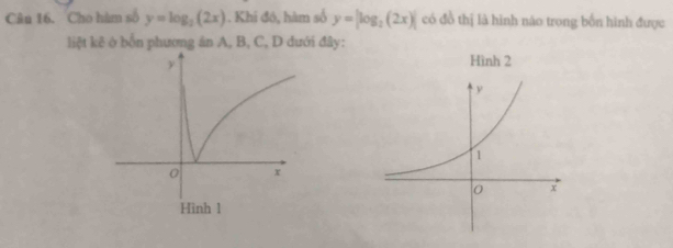 Cân 16. Cho hàm số y=log _2(2x). Khi đó, hàm số y=|log _2(2x)| có đồ thị là hình náo trong bốn hình được
liệt kê ở bốn phương án A, B, C, D đưới đây:
Hình 2