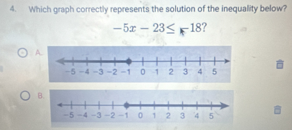 Which graph correctly represents the solution of the inequality below?
-5x-23≤ -18 ?
A.