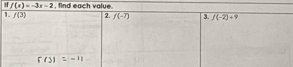 If f(x)=-3x-2 , find each value.