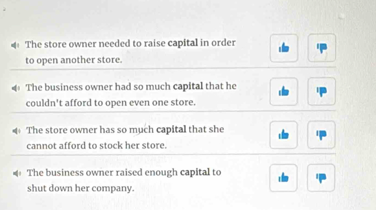 The store owner needed to raise capital in order
to open another store.
The business owner had so much capital that he
couldn't afford to open even one store.
The store owner has so much capital that she
cannot afford to stock her store.
The business owner raised enough capital to
shut down her company.