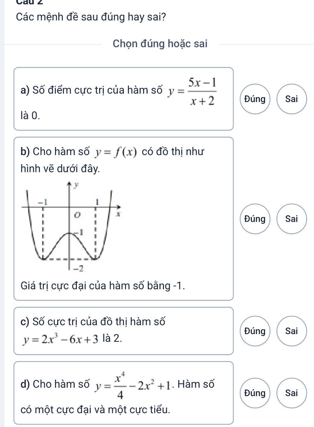 Cau z 
Các mệnh đề sau đúng hay sai? 
Chọn đúng hoặc sai 
a) Số điểm cực trị của hàm số y= (5x-1)/x+2  Đúng Sai 
là 0. 
b) Cho hàm số y=f(x) có đồ thị như 
hình vẽ dưới đây. 
Đúng Sai 
Giá trị cực đại của hàm số bằng -1. 
c) Số cực trị của đồ thị hàm số
y=2x^3-6x+3 là 2. 
Đúng Sai 
d) Cho hàm số y= x^4/4 -2x^2+1. Hàm số 
Đúng Sai 
có một cực đại và một cực tiểu.