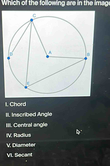 Which of the following are in the image
I. Chord
II. Inscribed Angle
III. Central angle
IV. Radius
V. Diameter
VI. Secant