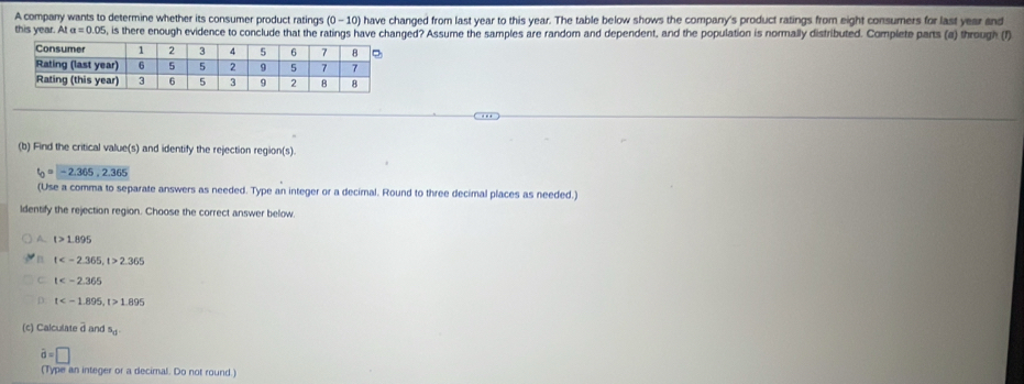 A company wants to determine whether its consumer product ratings (0-10) have changed from last year to this year. The table below shows the company's product ratings from eight consumers for last year and
this year. At a=0.05. 6, is there enough evidence to conclude that the ratings have changed? Assume the samples are random and dependent, and the population is normally distributed. Complete parts (a) through (1)
(b) Find the critical valu (s) and identify the rejection region(s)
t_0=-2.365, 2.365
(Use a comma to separate answers as needed. Type an integer or a decimal. Round to three decimal places as needed.)
Identify the rejection region. Choose the correct answer below
A t>1.895
n t , t>2.365
C t
D t , t>1.895
(c) Calculate d and^5d
hat d=□
(Type an integer or a decimal. Do not round.)