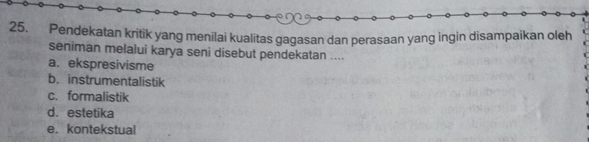 Pendekatan kritik yang menilai kualitas gagasan dan perasaan yang ingin disampaikan oleh
seniman melalui karya seni disebut pendekatan ....
a. ekspresivisme
b. instrumentalistik
c. formalistik
d. estetika
e.kontekstual