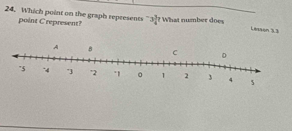 Which point on the graph represents^-3 3/4 ? What number does 
point C represent? 
Lesson 3.3