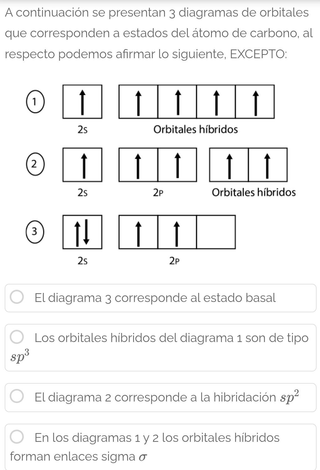 A continuación se presentan 3 diagramas de orbitales 
que corresponden a estados del átomo de carbono, al 
respecto podemos afirmar lo siguiente, EXCEPTO: 
1
2s Orbitales híbridos
2
Orbitales híbridos
2p
3
2s
2p
El diagrama 3 corresponde al estado basal 
Los orbitales híbridos del diagrama 1 son de tipo
sp^3
El diagrama 2 corresponde a la hibridación sp^2
En los diagramas 1 y 2 los orbitales híbridos 
forman enlaces sigma σ