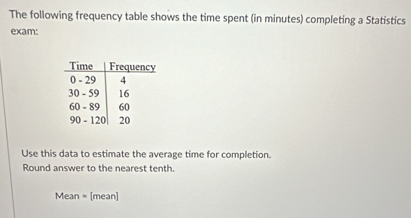 The following frequency table shows the time spent (in minutes) completing a Statistics 
exam: 
Use this data to estimate the average time for completion. 
Round answer to the nearest tenth. 
Mean = [mean]