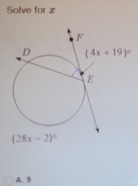 Solve for x.
A. 9