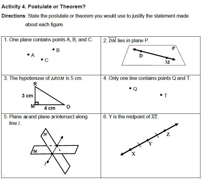 Activity 4. Postulate or Theorem?
Directions: State the postulate or theorem you would use to justify the statement made
about each figure.
1.
3.
5.