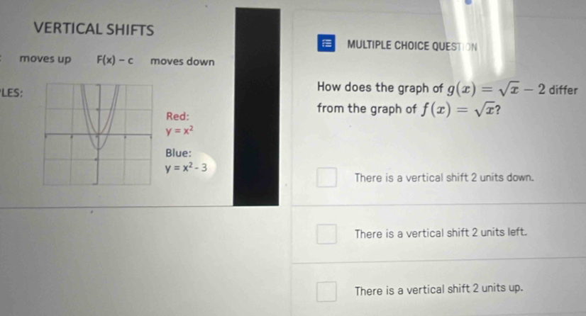 VERTICAL SHIFTS
MULTIPLE CHOICE QUESTION
moves up F(x)-c moves down
How does the graph of g(x)=sqrt(x)-2
LES: differ
Red:
from the graph of f(x)=sqrt(x) ?
y=x^2
Blue:
y=x^2-3
There is a vertical shift 2 units down.
There is a vertical shift 2 units left.
There is a vertical shift 2 units up.