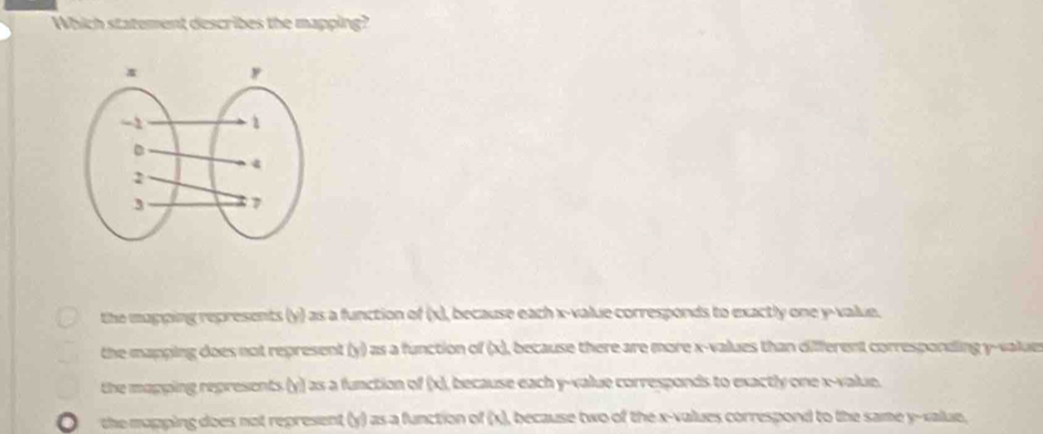 Which statement describes the mapping?
the mapping represents (y) as a function of (x), because each x -value corresponds to exactly one y -value.
the mapping does not represent (y) as a function of (x), because there are more x -values than different corresponding y -value
the magping represents. (y) as a function of (x), because each y -value corresponds to exactly one x -value.
the mapping does not represent (y) as a function of (x), because two of the x -values correspond to the same y -xalue,