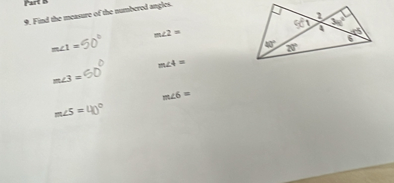 Find the measure of the numbered angles.
m∠ 2=
m∠ 1=
m∠ 4=
m∠ 3=
m∠ 6=
m∠ 5=