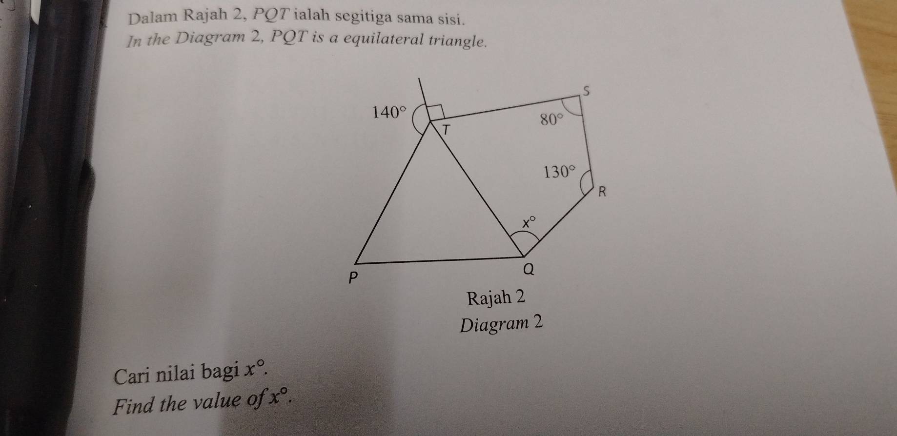 Dalam Rajah 2, PQT ialah segitiga sama sisi.
In the Diagram 2, PQT is a equilateral triangle.
Rajah 2
Diagram 2
Cari nilai bagi x°.
Find the value of x°.