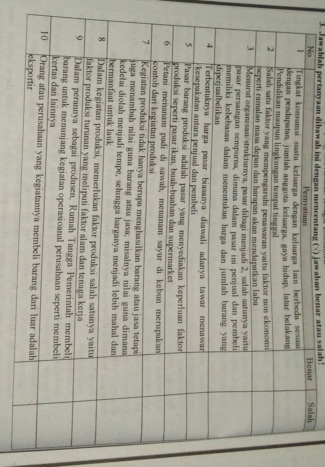 Jawablah pertanyaan dibawah ini dengan mencentang (√) jawaban benar atau salah!
No Benar Salah