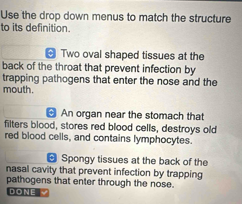 Use the drop down menus to match the structure 
to its definition. 
a Two oval shaped tissues at the 
back of the throat that prevent infection by 
trapping pathogens that enter the nose and the 
mouth. 
An organ near the stomach that 
filters blood, stores red blood cells, destroys old 
red blood cells, and contains lymphocytes. 
Spongy tissues at the back of the 
nasal cavity that prevent infection by trapping 
pathogens that enter through the nose. 
DONE