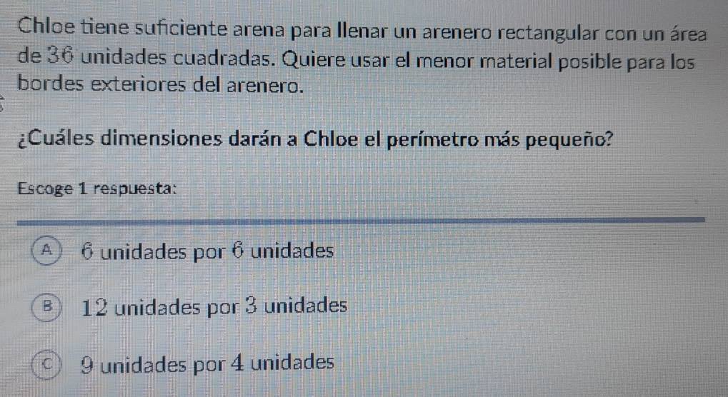Solved: Chloe tiene suficiente arena para llenar un arenero rectangular ...
