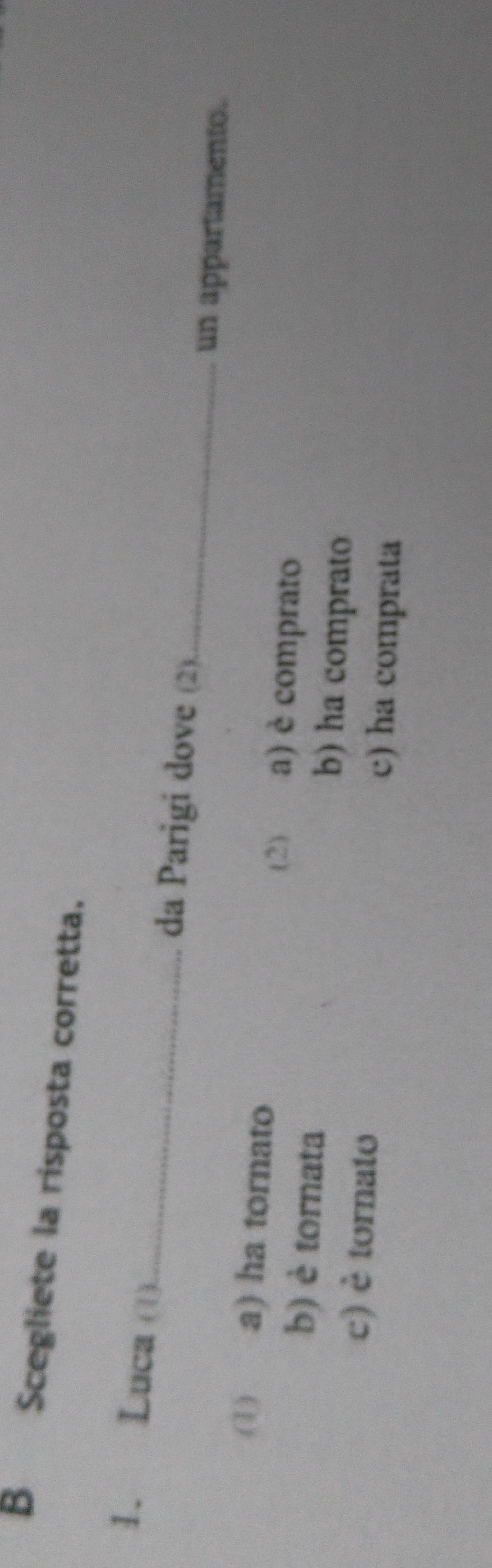Scegliete la risposta corretta.
1. Luca ()_ da Parigi dove (2)._
un appartamento.
(1) , a) ha tornato a) è comprato
(2)
b) è tornata b) ha comprato
c) è tornato c) ha comprata