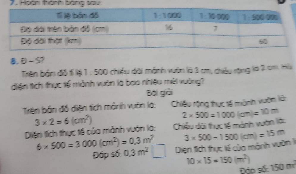 Heàn thành bang sau 
8. D - S? 
Trên bản đồ tí lệ 1 :500 chiều dài mảnh vuân là 3 cm, chiều rộng là 2 cm. Hài 
diện tích thực tế mảnh vuờn là bao nhiêu mét vuờng? 
Bài giải 
Trên bản đồ diện tích mảnh vuờn là: Chiều rộng thực tế mảnh vuờn là:
3* 2=6(cm^2)
2* 500=1000(cm)=10m
Diện tích thực tế của mảnh vuờn là: Chiều dài thực tế mảnh vuờn là:
6* 500=3000(cm^2)=0,3m^2 3* 500=1500(cm)=15m
Đáp số: 0.3m^2□ Diện tích thực tế của mảnh vườn I
10* 15=150(m^2) 150m^2
Đáp số: