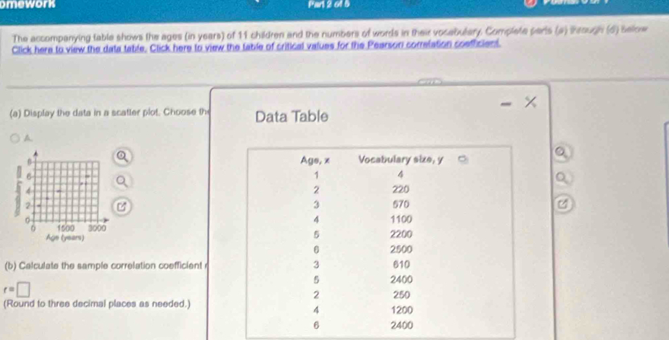 ork Fart 264 5 
The accompanying table shows the ages (in years) of 11 children and the numbers of words in their vocebulary. Complete parts (a) ihrough (d) selow 
Click here to view the data table. Click here to view the table of critical values for the Pearson corretation coefficiens. 
(a) Display the data in a scatler plot. Choose the Data Table 
A.
β
6
2
0 1500 3000
Age (years) 
(b) Calculate the sample correlation coefficient
r=□
(Round to three decimal places as needed.)