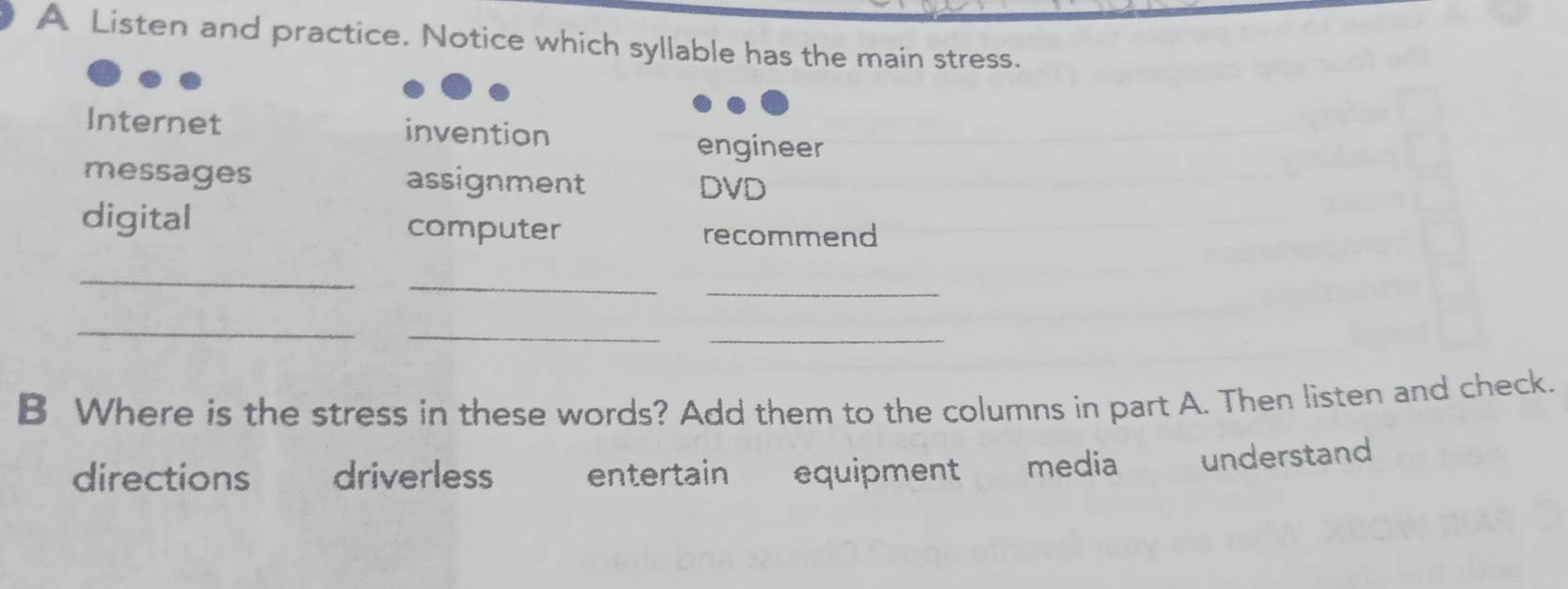 A Listen and practice. Notice which syllable has the main stress.
Internet invention
engineer
messages assignment DVD
digital computer
recommend
_
_
_
_
_
_
B Where is the stress in these words? Add them to the columns in part A. Then listen and check.
directions driverless entertain equipment media understand