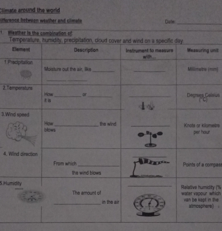 Climate around the world 
iffere 
1. W 
T 
unit 
1 Pmm) 
2.Te 
lsius 
3.Wi 
etre 
4. W 
mpass 
5. Humity (% 
which 
the 
e)