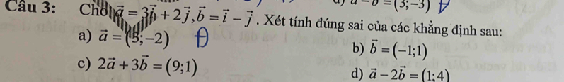 a u-upsilon =(3;-3)
Cầu 3: Chol vector u=3vector i+2vector j, vector b=vector i-vector j. Xét tính đúng sai của các khẳng định sau:
a) vector a=(3;-2)
c) 2vector a+3vector b=(9;1)
b) vector b=(-1;1)
d) vector a-2vector b=(1:4)