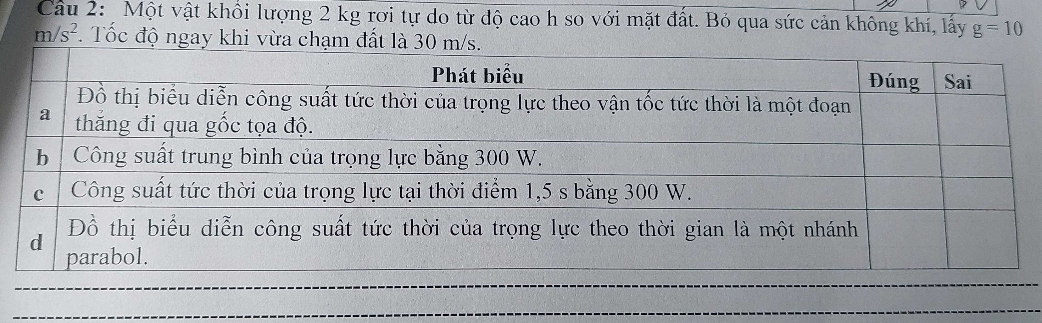 Một vật khổi lượng 2 kg rơi tự do từ độ cao h so với mặt đất. Bỏ qua sức cản không khí, lấy g=10
m/s^2. Tốc độ ngay khi vừa chạm đất là