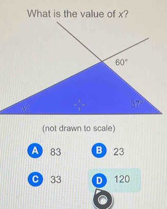 What is the value of x?
(not drawn to scale)
A)83 B23
C 33 D 120