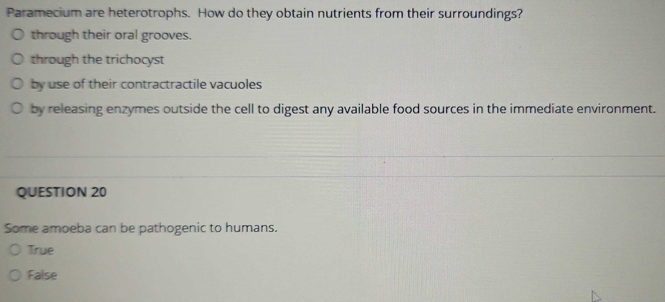 Paramecium are heterotrophs. How do they obtain nutrients from their surroundings?
through their oral grooves.
through the trichocyst
by use of their contractractile vacuoles
by releasing enzymes outside the cell to digest any available food sources in the immediate environment.
QUESTION 20
Some amoeba can be pathogenic to humans.
True
False