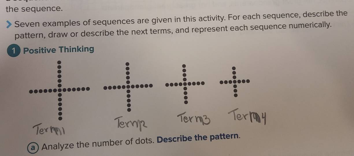 the sequence. 
Seven examples of sequences are given in this activity. For each sequence, describe the 
pattern, draw or describe the next terms, and represent each sequence numerically. 
1 Positive Thinking 
a) Analyze the number of dots. Describe the pattern.