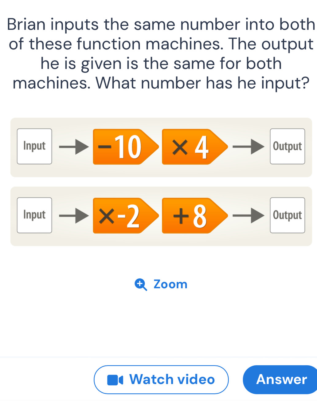 Brian inputs the same number into both 
of these function machines. The output 
he is given is the same for both 
machines. What number has he input? 
- 
Input 10 * ∠ 1 Output
* -2
0
Input × (0) Output 
+ Zoom 
Watch video Answer