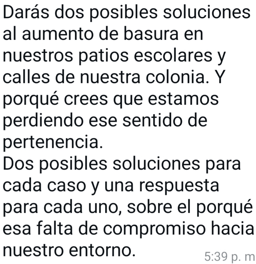 Darás dos posibles soluciones 
al aumento de basura en 
nuestros patios escolares y 
calles de nuestra colonia. Y 
porqué crees que estamos 
perdiendo ese sentido de 
pertenencia. 
Dos posibles soluciones para 
cada caso y una respuesta 
para cada uno, sobre el porqué 
esa falta de compromiso hacia 
nuestro entorno.
5:39 p. m