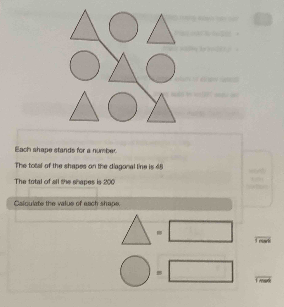 Each shape stands for a number. 
The total of the shapes on the diagonal line is 48
The total of all the shapes is 200
Calculate the value of each shape.
△ =□°m
bigcirc =□ frac 1mol