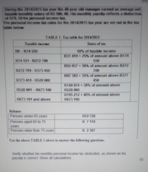 (11)
During the 2014/2015 tax year the 48 year old manager earned an average net
taxable monthly salary of R5 500, 00. His monthly payslip reflects a deduction
of R70, 50 for personal income tax.
The personal income tax rates for the 2014/2015 tax year are set out in the tax
table below.
Use the above TABLE 1 above to anvwer the following questions.
Verify whether his monthly personal income tax deduction, as shown on his
payslip is correct. Show all calculations. (6)