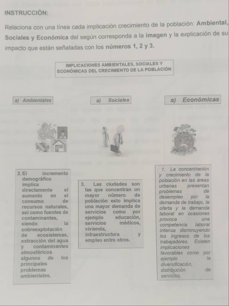 INSTRUCCIÓN:
Relaciona con una línea cada implicación crecimiento de la población: Ambiental,
Sociales y Económica del según corresponda a la imagen y la explicación de su
impacto que están señaladas con los números 1, 2 y 3.
IMPLICACIONES AMBIENTALES, SOCIALES Y
ECOnóMICAS DEL CREciMIEnto de la PObLACIón
a) Ambientales a) Sociales a) Económicas
1. La concentración
2. El incremento
demográfico y crecimiento de la
implica 3. Las ciudades son población en las áreas
directamente el las que concentran un urbanas presentan
aumento en el mayor número de problemas de
desempleo por la
consumo de población esto implica demanda de trabajo, la
recursos naturales, una mayor demanda de oferta y la demanda
así como fuentes de servicios como por laboral en ocasiones
contaminantes, ejemplo educación,
siendo la servicios médicos, provoca una
competencia laboral
sobreexplotación vivienda, intensa disminuyendo
de ecosistemas. infraestructura y los ingresos de los
extracción del agua empleo entre otros. trabajadores. Existen
y contaminantes implicaciones
atmosféricos favorables como por
algunos de los ejemplo la
principales diversificación,
problemas distribución de
ambientales. servicios.