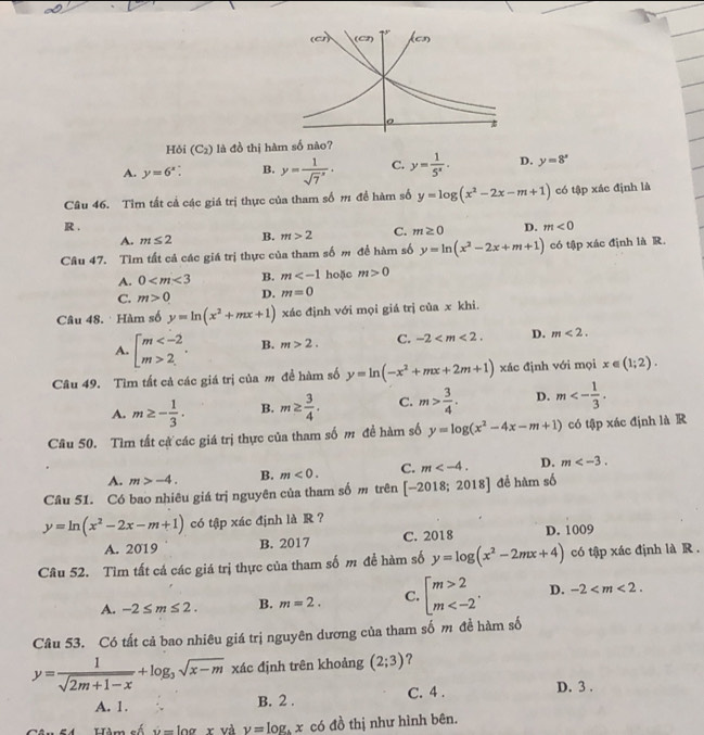 Hỏi (C_2) là đồ thị hàm số nào?
A. y=6^x B. y=frac 1(sqrt(7)^x)· C. y= 1/5^x . D. y=8^x
Câu 46. Tìm tất cả các giá trị thực của tham số m đề hàm số y=log (x^2-2x-m+1) có tập xác định là
R . D. m<0</tex>
A. m≤ 2 B. m>2 C. m≥ 0
Câu 47. Tìm tất cả các giá trị thực của tham số m để hàm số y=ln (x^2-2x+m+1) có tập xác định là R.
A. 0 B. m hoặc m>0
C. m>0 D. m=0
Câu 48.  Hàm số y=ln (x^2+mx+1) xác định với mọi giá trị của x khi
A. beginarrayl m 2endarray. . B. m>2. C. -2 D. m<2.
Câu 49. Tìm tất cả các giá trị của m đề hàm số y=ln (-x^2+mx+2m+1) xác định với mọi x ∈ (1;2).
A. m≥ - 1/3 . B. m≥  3/4 . C. m> 3/4 . D. m<- 1/3 .
Cầu 50. Tìm tất cử các giá trị thực của tham số m đề hàm số y=log (x^2-4x-m+1) có tập xác định là R
A. m>-4. B. m<0. C. m D. m
Câu 51. Có bao nhiêu giá trị nguyên của tham số m trên [-2018;2018] đề hàm số
y=ln (x^2-2x-m+1) có tập xác định là R ?
A. 2019 B. 2017 C. 2018 D. 1009
Câu 52. Tìm tất cá các giá trị thực của tham số m để hàm số y=log (x^2-2mx+4) có tập xác định là R .
A. -2≤ m≤ 2. B. m=2. C. beginarrayl m>2 m D. -2
Câu 53. Có tất cả bao nhiêu giá trị nguyên dương của tham số m đề hàm số
y= 1/sqrt(2m+1-x) +log _3sqrt(x-m) xác định trên khoảng (2;3) ?
A. 1. B. 2 . C. 4 . D. 3 .
Hàm số v= log r và v=log . x có đồ thị như hình bên.