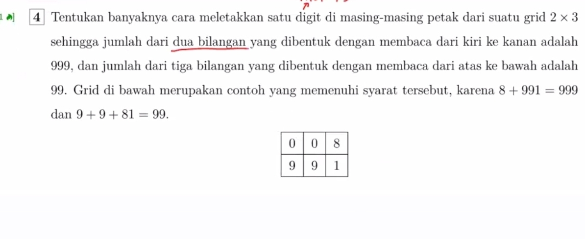 10 4 Tentukan banyaknya cara meletakkan satu digit di masing-masing petak dari suatu grid 2* 3
sehingga jumlah dari dua bilangan yang dibentuk dengan membaca dari kiri ke kanan adalah
999, dan jumlah dari tiga bilangan yang dibentuk dengan membaca dari atas ke bawah adalah
99. Grid di bawah merupakan contoh yang memenuhi syarat tersebut, karena 8+991=999
ds n 9+9+81=99.