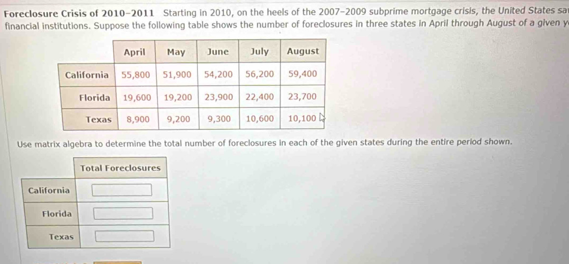 Foreclosure Crisis of 2010-2011 Starting in 2010, on the heels of the 2007-2009 subprime mortgage crisis, the United States sa 
financial institutions. Suppose the following table shows the number of foreclosures in three states in April through August of a given y 
Use matrix algebra to determine the total number of foreclosures in each of the given states during the entire period shown.