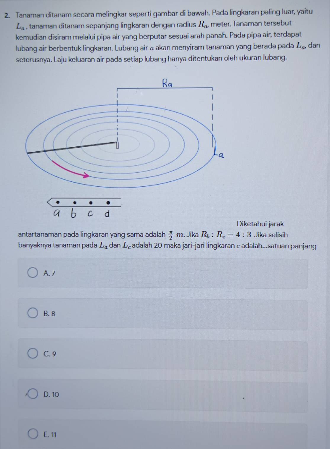 Tanaman ditanam secara melingkar seperti gambar di bawah. Pada lingkaran paling luar, yaitu
L_a , tanaman ditanam sepanjang lingkaran dengan radius R_a, meter. Tanaman tersebut
kemudian disiram melalui pipa air yang berputar sesuai arah panah. Pada pipa air, terdapat
lubang air berbentuk lingkaran. Lubang air a akan menyiram tanaman yang berada pada L_a, dan
seterusnya. Laju keluaran air pada setiap lubang hanya ditentukan oleh ukuran lubang.
Diketahui jarak
antartanaman pada lingkaran yang sama adalah  π /2 m. . Jika R_b:R_c=4:3 Jika selisih
banyaknya tanaman pada L_a dan L_c adalah 20 maka jari-jari lingkaran c adalah...satuan panjang
A. 7
B. 8
C. 9
D. 10
E. 11