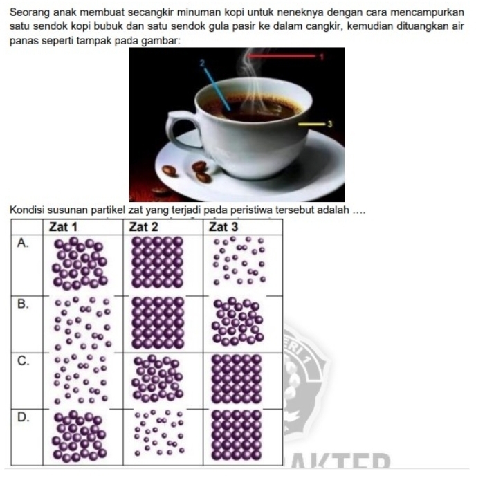 Seorang anak membuat secangkir minuman kopi untuk neneknya dengan cara mencampurkan 
satu sendok kopi bubuk dan satu sendok gula pasir ke dalam cangkir, kemudian dituangkan air 
panas seperti tampak pada gambar: 
Kdalah ....