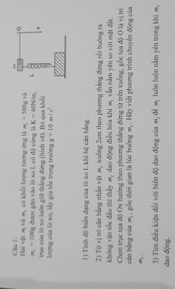 Hai vật m_1 và m_2 có khối lượng tương ứng là m_1=500g và
m_2=100g được găn vào lò xo L có độ cứng là K=40N/m, 
trục của lò xo luôn giữ thẳng đứng (hình voverline c) ). Bỏ qua khối 
lượng của lò xo, lấy gia tốc trọng trường g=10m/s^2. 
1) Tính độ biến dạng của lò xo L khi hệ cân bằng. 
2) Từ vị trí cân bằng nhấn vật m_2 xuống 2cm theo phương thẳng đứng rồi buông ra 
không vận tốc đầu thì thấy m_2 dao động điều hòa khi m_1 vẫn nằm yên so với mặt đất. 
Chọn trục tọa độ Ox hướng theo phương thẳng đứng từ trên xuống, gốc tọa độ O là vị trí 
cân bằng của m_2 , gốc thời gian là lúc buông m_2. Hãy viết phương trình chuyển động của
m_2. 
3) Tìm điều kiện đối với biên độ dao động của m_2 đề m_1 luôn luôn nằm yên trong khi m_2
dao động.