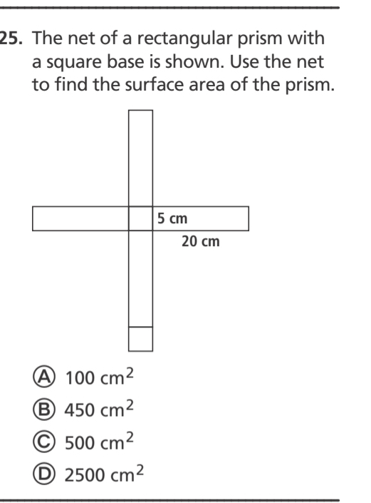 The net of a rectangular prism with
a square base is shown. Use the net
to find the surface area of the prism.
100cm^2
B 450cm^2
C 500cm^2
D 2500cm^2