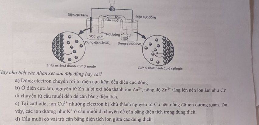 Hãy cho biết các 
a) Dòng electron chuyển rời từ điện cực kẽm đến điện cực đồng
b) Ở điện cực âm, nguyên tử Zn là bị oxi hóa thành ion Zn^(2+) , nồng độ Zn^(2+) tăng lên nên ion âm như Cl
di chuyền từ cầu muối đến đề cân bằng diện tích.
c) Tại cathode, ion Cu^(2+) nhường electron bị khử thành nguyên tử Cu nên nồng độ ion dương giảm. Do
vậy, các ion dương như K^+ ở cầu muối di chuyển để cân bằng điện tích trong dung dịch.
d) Cầu muối có vai trò cân bằng điện tích ion giữa các dung dịch.